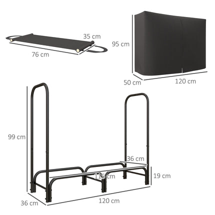 Stojan na dřevo, 0.33 m³, s taškou na nošení a krytem, kovový rám, až 150 kg, 120 x 36 x 99 cm, černý