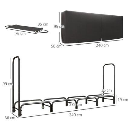 Stojan na dřevo, 0.67 m³, s taškou na nošení a krytem, kovový rám, až 200 kg, 240 x 36 x 99 cm, černý