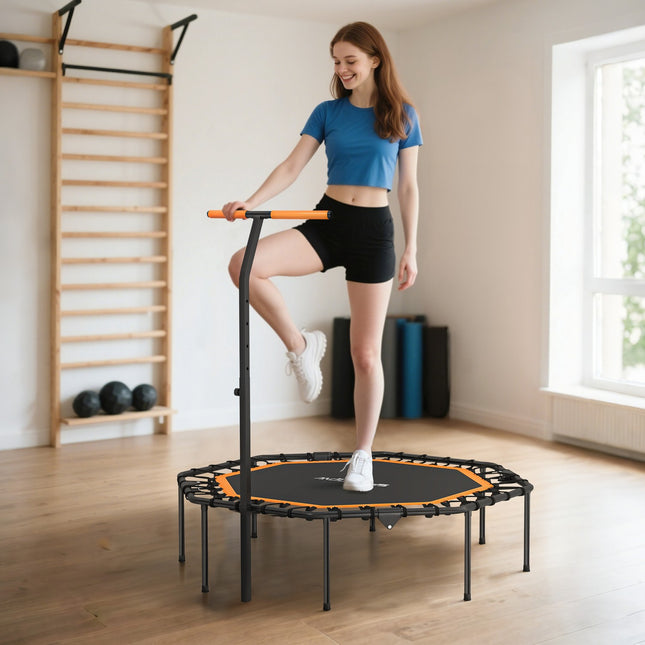 Fitness trampolína, nastavitelné madlo, do interiéru, ocel, oranžová