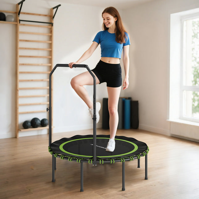 Fitness trampolína s nastavitelným madlem, do interiéru i exteriéru, zelená