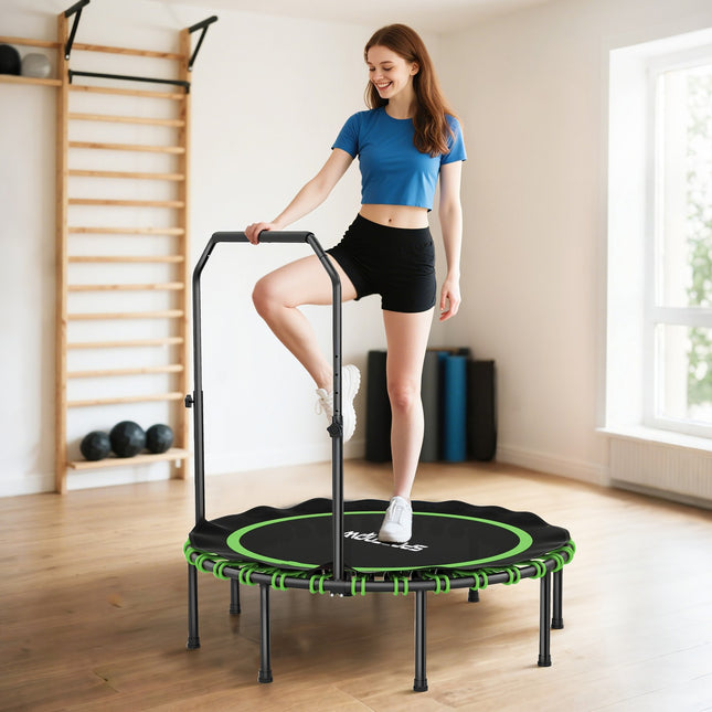 Fitness trampolína s nastavitelným madlem, do interiéru i exteriéru, zelená