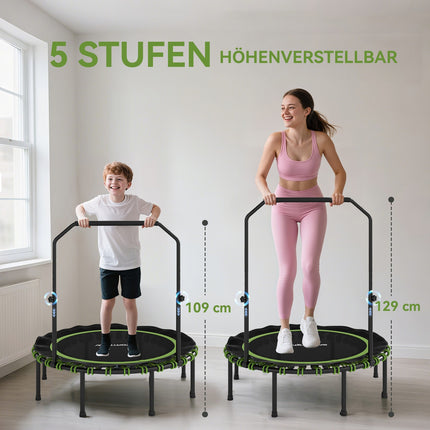 Fitness trampolína s nastavitelným madlem, do interiéru i exteriéru, zelená