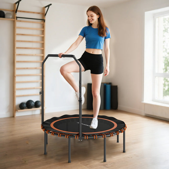 Fitness trampolína s nastavitelným madlem, do interiéru i exteriéru, oranžová