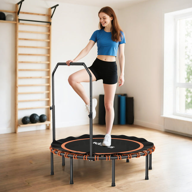 Fitness trampolína s nastavitelným madlem, do interiéru i exteriéru, ocel/plast, oranžová