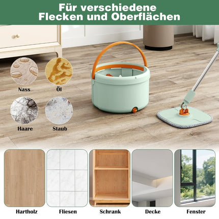 Plochý mop s kbelíkem, 4L, otáčení 360, zelený