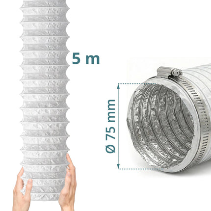 Flexibler weißer Lüftungsschlauch, 5m - 75mm Durchmesser