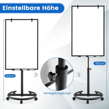 Flipchart stand on wheels with magnets and markers, whiteboard, height adjustable up to 192 cm