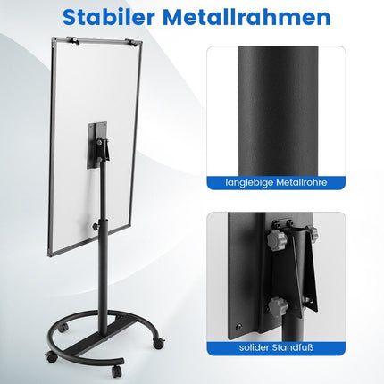 Flipchart stand on wheels with magnets and markers, whiteboard, height adjustable up to 192 cm