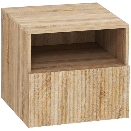 Zwevend nachtkastje, greeploos, open plank, lade, lichtbruin