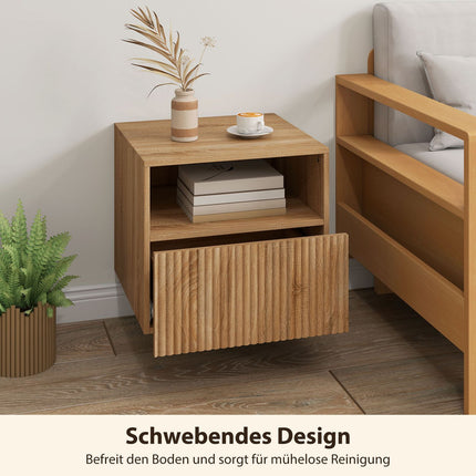 Zwevend nachtkastje, greeploos, open plank, lade, lichtbruin