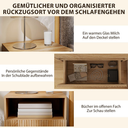 Zwevend nachtkastje, greeploos, open plank, lade, lichtbruin