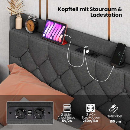 Levitující rám postele s LED osvětlením, polohovatelným čelem a nabíjecími porty, šedý