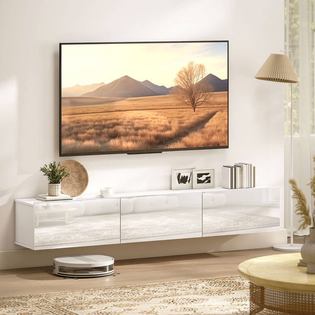 Závěsný TV stolek na zeď, 3 zásuvky, 180 cm, bílý