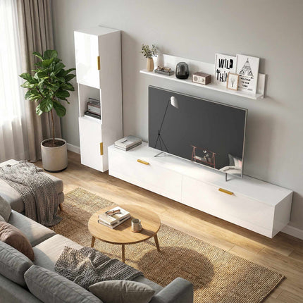 Závěsný TV stolek s výklopnými dvířky, 180 cm, lesklý bílý