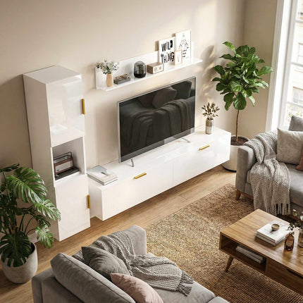 Závěsný TV stolek s výklopnými dvířky, 180 cm, lesklý bílý