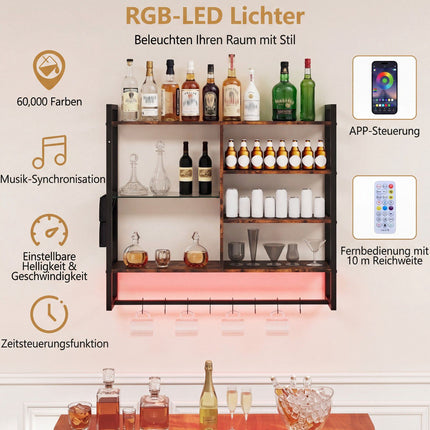 Nástěnná police s RGB LED, 6patrová, 8 háčků, 107x24x96 cm
