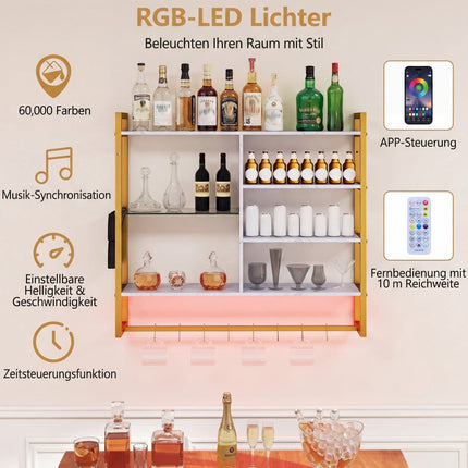 Nástěnná police s RGB LED, 6 pater, 8 háčků, bílá
