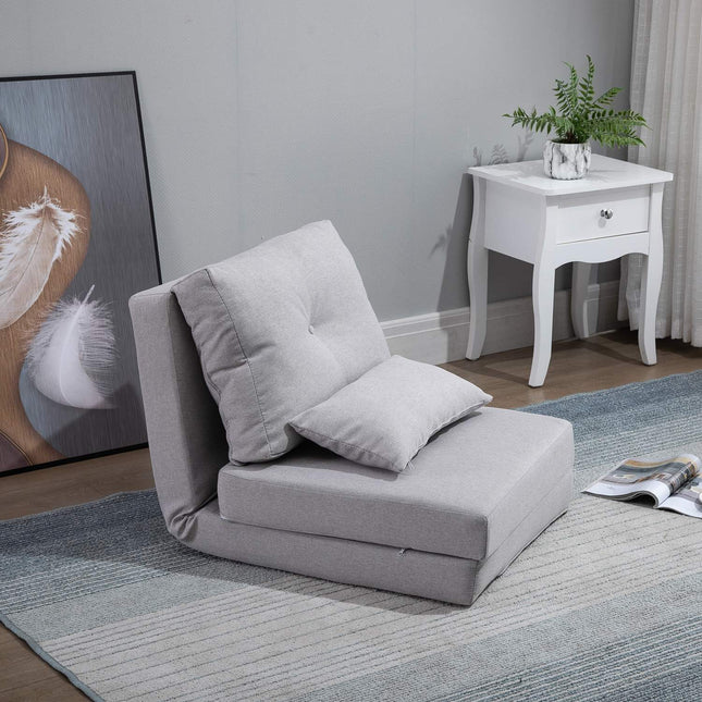 Adjustable folding floor chair and bed, linen gray pillow