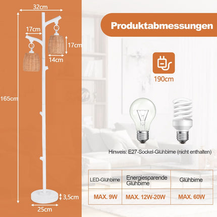 Stojací lampa 165 cm, stmívatelná, 2 světla, proutěné stínidlo