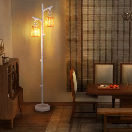 Stojací lampa 165 cm, stmívatelná, 2 světla, proutěné stínidlo