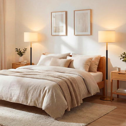 Stojací lampa 165 cm, lněné stínidlo, E27, nožní vypínač