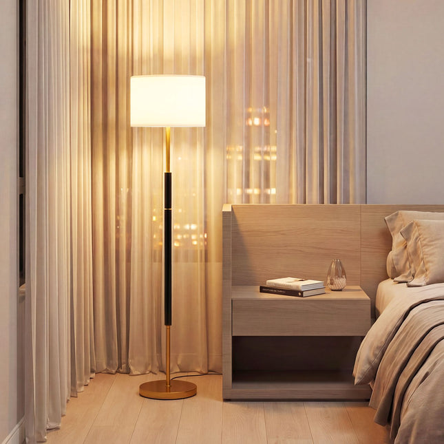 Stojací lampa 165 cm, lněné stínidlo, E27, nožní vypínač