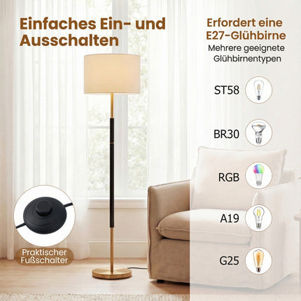 Stojací lampa 165 cm, lněné stínidlo, E27, nožní vypínač