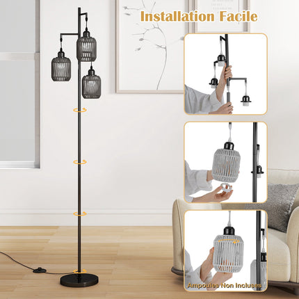 Stojací lampa 173cm, 3 stínidla z pleteného papíru, nožní vypínač