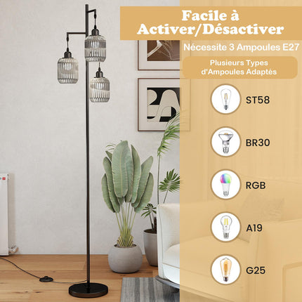 Stojací lampa 173cm, 3 stínidla z pleteného papíru, nožní vypínač