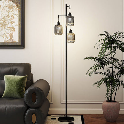 Stojací lampa 173cm, 3 stínidla z pleteného papíru, nožní vypínač