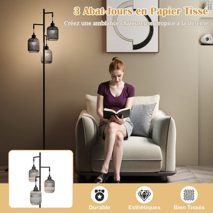 Stojací lampa 173cm, 3 stínidla z pleteného papíru, nožní vypínač