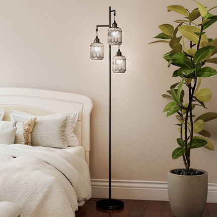 Stojací lampa 173cm, 3 stínidla z pleteného papíru, nožní vypínač