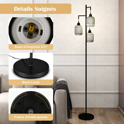 Stojací lampa 173cm, 3 stínidla z pleteného papíru, nožní vypínač