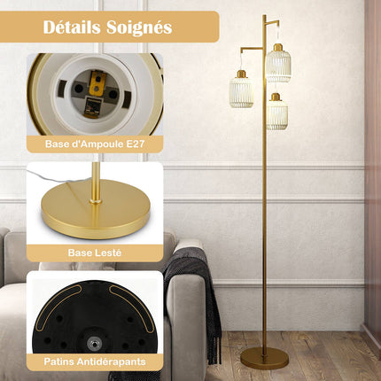 Stojací lampa 173cm, 3 stínidla z pleteného papíru, nožní vypínač, zlatá