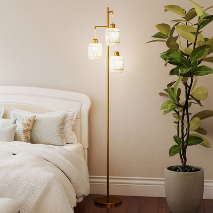 Stojací lampa 173cm, 3 stínidla z pleteného papíru, nožní vypínač, zlatá