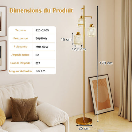 Stojací lampa 173cm, 3 stínidla z pleteného papíru, nožní vypínač, zlatá