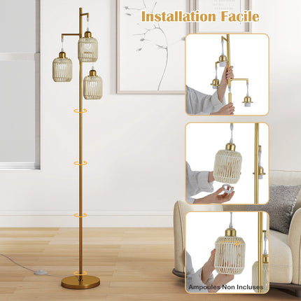 Stojací lampa 173cm, 3 stínidla z pleteného papíru, nožní vypínač, zlatá