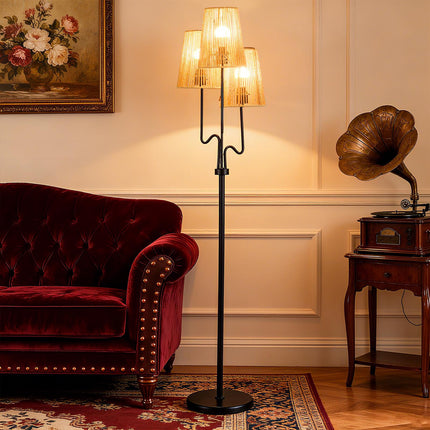 Floor Lamp 175 cm with 3 Woven Paper Shades, E27, Foot Switch, Black