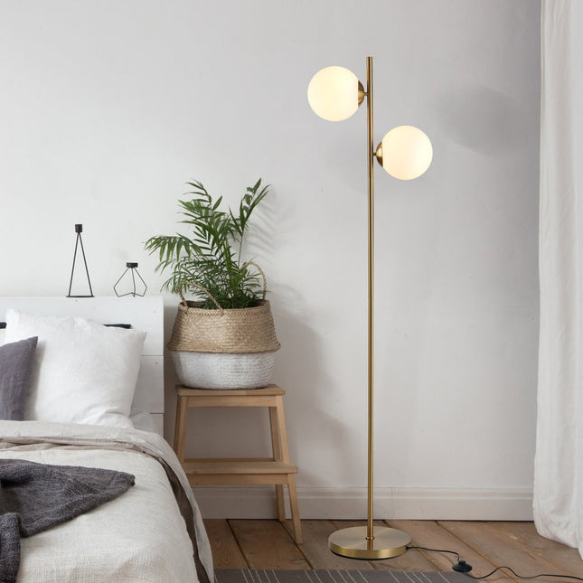 Stojací lampa s dvoudílným skleněným stínidlem - ocel a sklo, zlatá