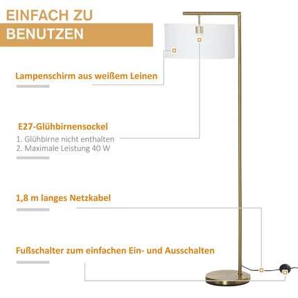 Zlato-bílá stojací lampa, patice E27 – ocel a len, 153cm
