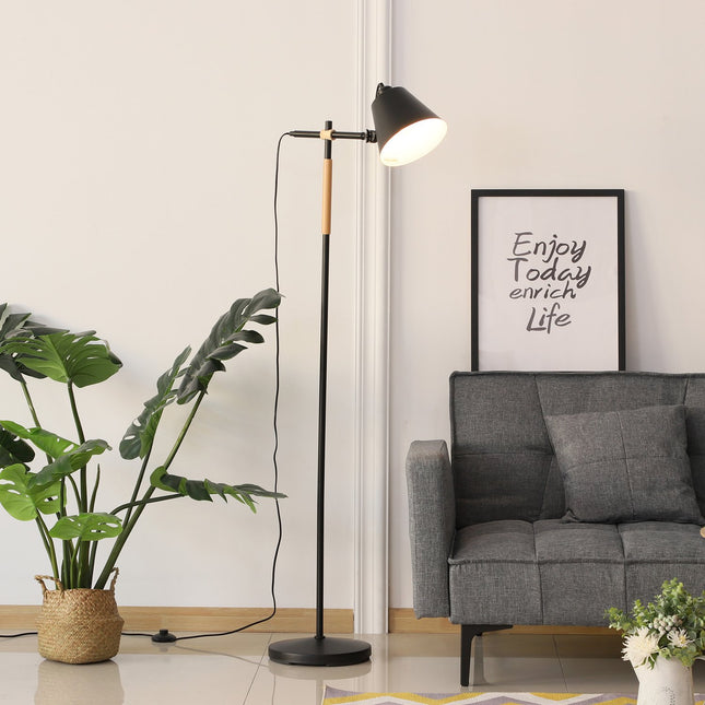 Industriální stojací lampa - dřevo a kov, černá/přírodní, 40W