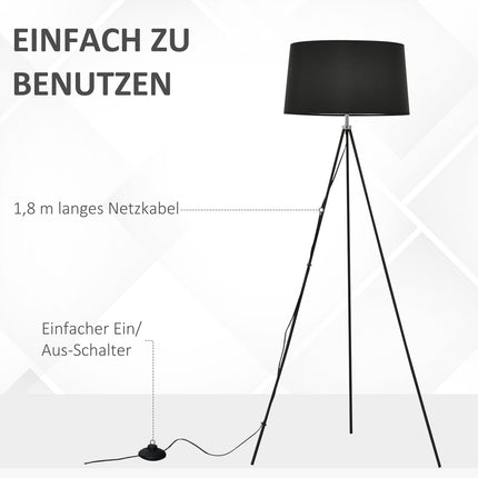 Skandinávská černá trojnožková stojací lampa – látka a kov, 73x156cm