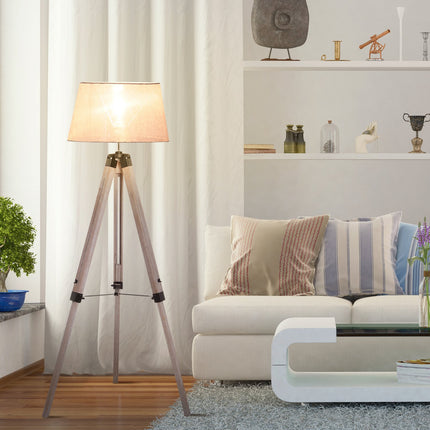 Výškově nastavitelná stojací lampa, dřevo a len, skandinávský design