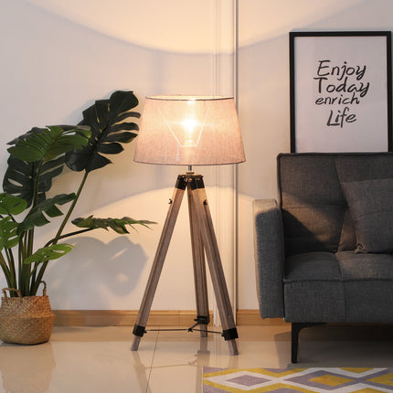 Výškově nastavitelná stojací lampa, dřevo a len, skandinávský design