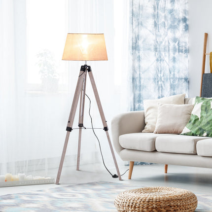 Výškově nastavitelná stojací lampa, dřevo a len, skandinávský design