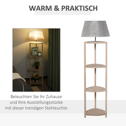 Skandinávská dřevěná stojací lampa s poličkou a lněným stínidlem