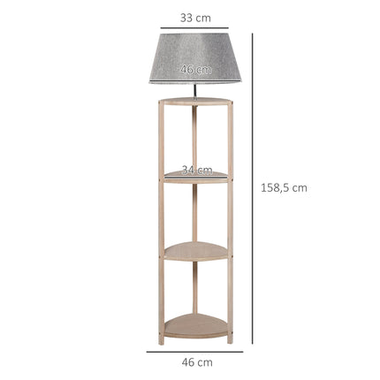 Skandinávská dřevěná stojací lampa s poličkou a lněným stínidlem