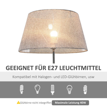 Skandinávská dřevěná stojací lampa s poličkou a lněným stínidlem