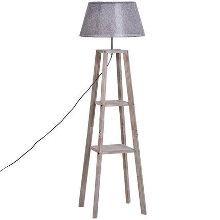 Skandinávská stojací lampa s poličkou, borovice a len