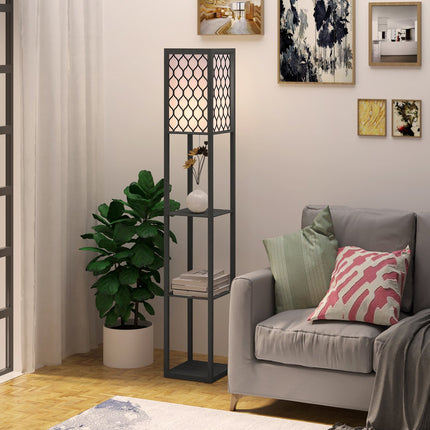 Stojací lampa s policemi - černé dřevo, 160cm, E27 40W